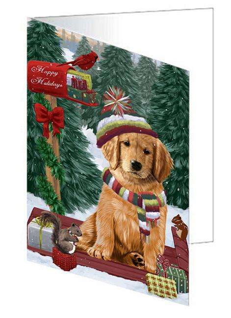 Merry Christmas Woodland Sled Golden Retriever Dog Handmade Artwork Assorted Pets Greeting Cards and Note Cards with Envelopes for All Occasions and Holiday Seasons GCD69317