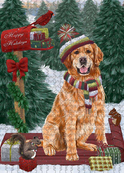 Merry Christmas Woodland Sled Golden Retriever Dog Puzzle with Photo Tin PUZL87812