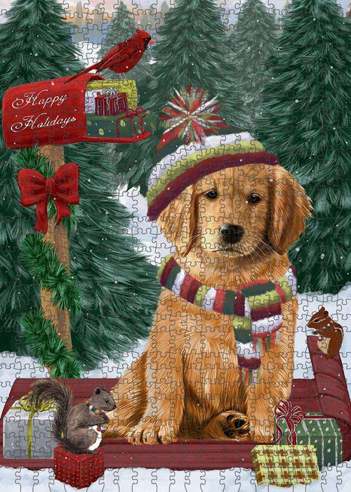 Merry Christmas Woodland Sled Golden Retriever Dog Puzzle with Photo Tin PUZL87816