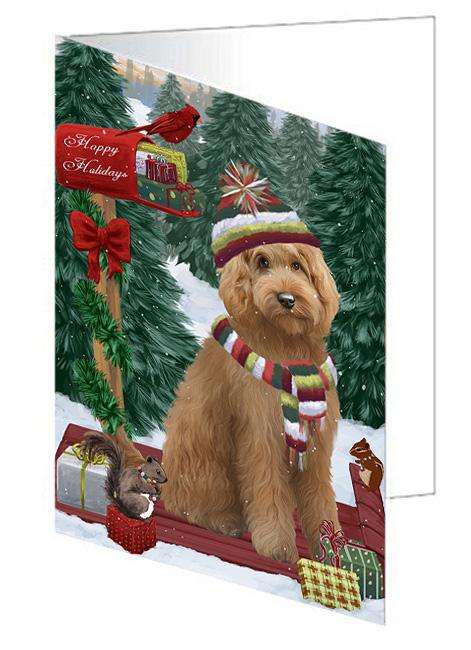 Merry Christmas Woodland Sled Goldendoodle Dog Handmade Artwork Assorted Pets Greeting Cards and Note Cards with Envelopes for All Occasions and Holiday Seasons GCD69320