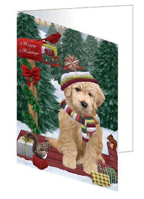 Merry Christmas Woodland Sled Goldendoodle Dog Handmade Artwork Assorted Pets Greeting Cards and Note Cards with Envelopes for All Occasions and Holiday Seasons GCD69323