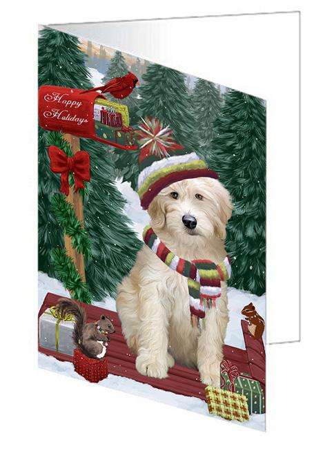 Merry Christmas Woodland Sled Goldendoodle Dog Handmade Artwork Assorted Pets Greeting Cards and Note Cards with Envelopes for All Occasions and Holiday Seasons GCD69326