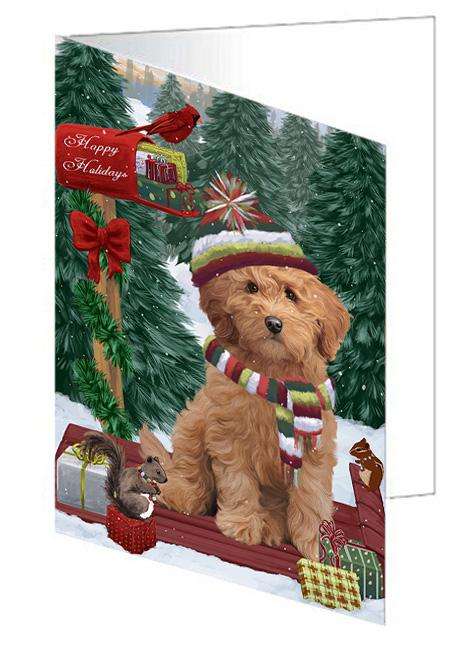 Merry Christmas Woodland Sled Goldendoodle Dog Handmade Artwork Assorted Pets Greeting Cards and Note Cards with Envelopes for All Occasions and Holiday Seasons GCD69329