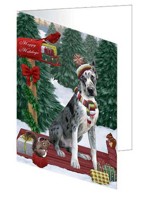 Merry Christmas Woodland Sled Great Dane Dog Handmade Artwork Assorted Pets Greeting Cards and Note Cards with Envelopes for All Occasions and Holiday Seasons GCD69332