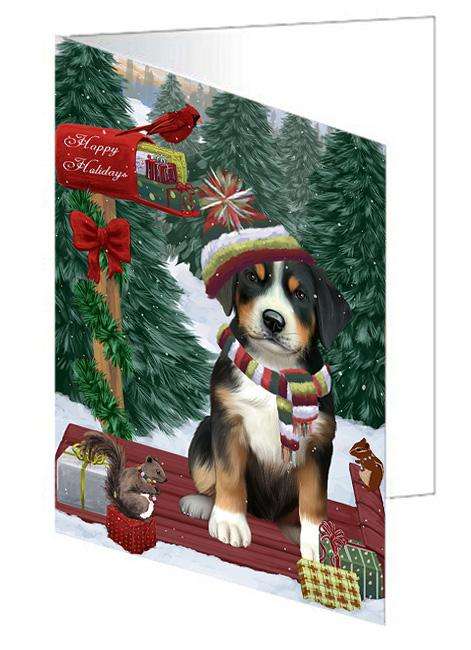 Merry Christmas Woodland Sled Greater Swiss Mountain Dog Handmade Artwork Assorted Pets Greeting Cards and Note Cards with Envelopes for All Occasions and Holiday Seasons GCD69356