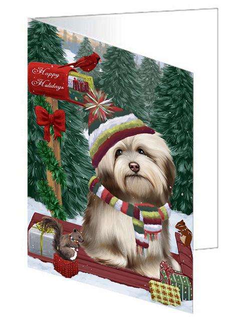 Merry Christmas Woodland Sled Havanese Dog Handmade Artwork Assorted Pets Greeting Cards and Note Cards with Envelopes for All Occasions and Holiday Seasons GCD69359