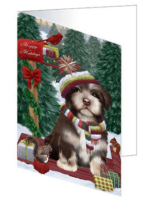 Merry Christmas Woodland Sled Havanese Dog Handmade Artwork Assorted Pets Greeting Cards and Note Cards with Envelopes for All Occasions and Holiday Seasons GCD69362