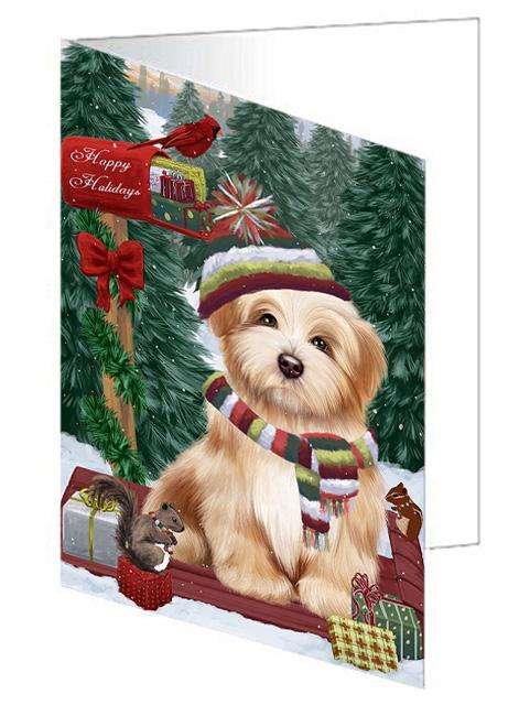 Merry Christmas Woodland Sled Havanese Dog Handmade Artwork Assorted Pets Greeting Cards and Note Cards with Envelopes for All Occasions and Holiday Seasons GCD69365