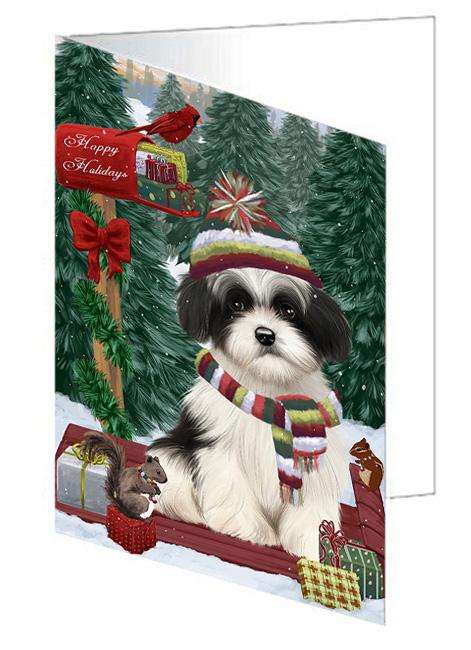Merry Christmas Woodland Sled Havanese Dog Handmade Artwork Assorted Pets Greeting Cards and Note Cards with Envelopes for All Occasions and Holiday Seasons GCD69368