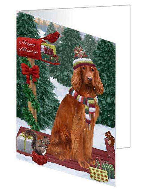 Merry Christmas Woodland Sled Irish Red Setter Dog Handmade Artwork Assorted Pets Greeting Cards and Note Cards with Envelopes for All Occasions and Holiday Seasons GCD69371