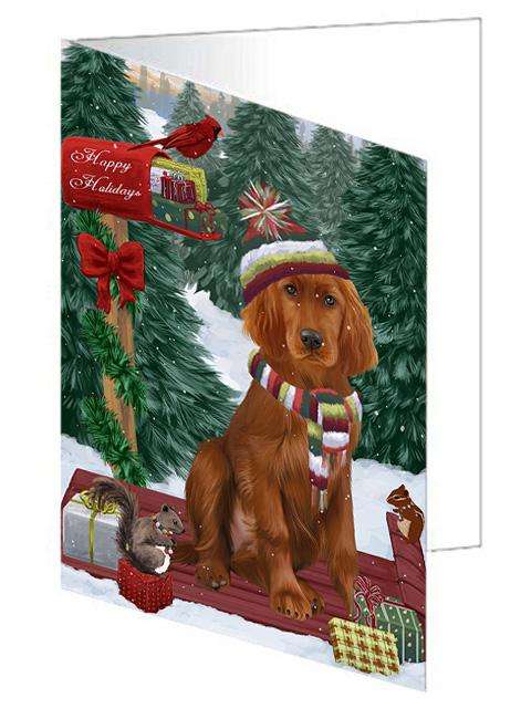 Merry Christmas Woodland Sled Irish Red Setter Dog Handmade Artwork Assorted Pets Greeting Cards and Note Cards with Envelopes for All Occasions and Holiday Seasons GCD69374