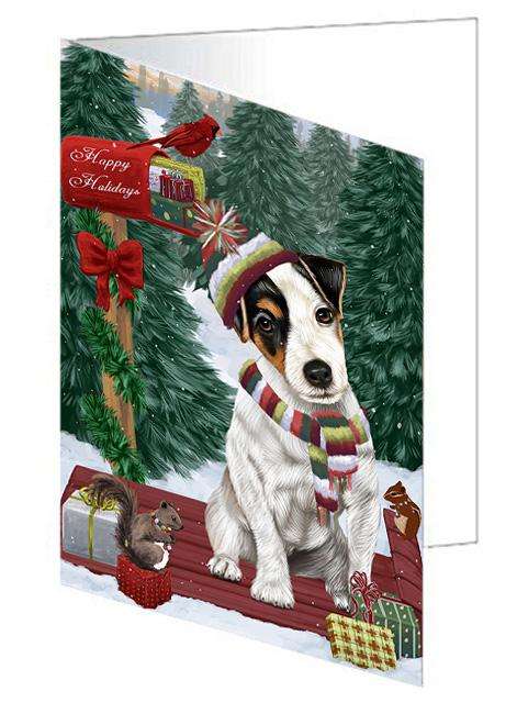 Merry Christmas Woodland Sled Jack Russell Terrier Dog Handmade Artwork Assorted Pets Greeting Cards and Note Cards with Envelopes for All Occasions and Holiday Seasons GCD69380