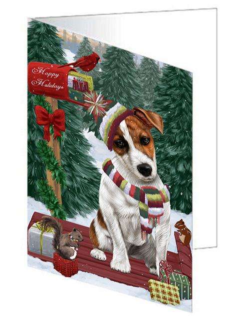 Merry Christmas Woodland Sled Jack Russell Terrier Dog Handmade Artwork Assorted Pets Greeting Cards and Note Cards with Envelopes for All Occasions and Holiday Seasons GCD69383
