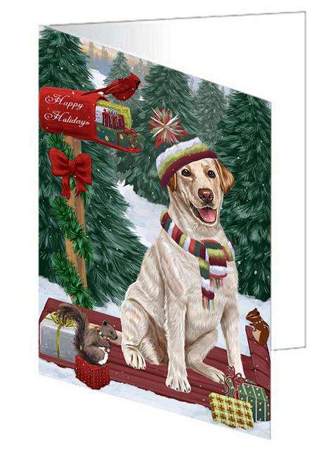 Merry Christmas Woodland Sled Labrador Retriever Dog Handmade Artwork Assorted Pets Greeting Cards and Note Cards with Envelopes for All Occasions and Holiday Seasons GCD69392