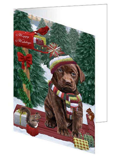 Merry Christmas Woodland Sled Labrador Retriever Dog Handmade Artwork Assorted Pets Greeting Cards and Note Cards with Envelopes for All Occasions and Holiday Seasons GCD69395
