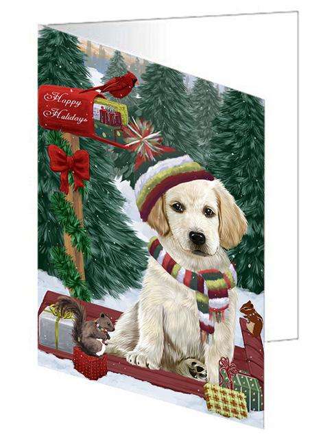 Merry Christmas Woodland Sled Labrador Retriever Dog Handmade Artwork Assorted Pets Greeting Cards and Note Cards with Envelopes for All Occasions and Holiday Seasons GCD69398