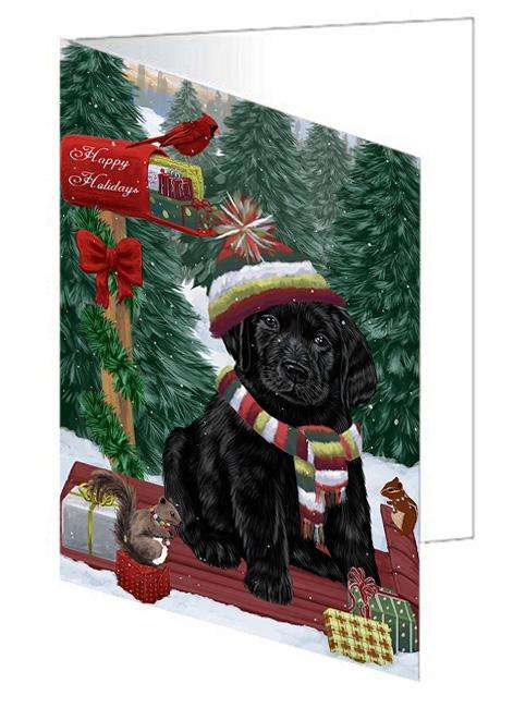 Merry Christmas Woodland Sled Labrador Retriever Dog Handmade Artwork Assorted Pets Greeting Cards and Note Cards with Envelopes for All Occasions and Holiday Seasons GCD69401