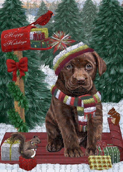 Merry Christmas Woodland Sled Labrador Retriever Dog Puzzle with Photo Tin PUZL87920
