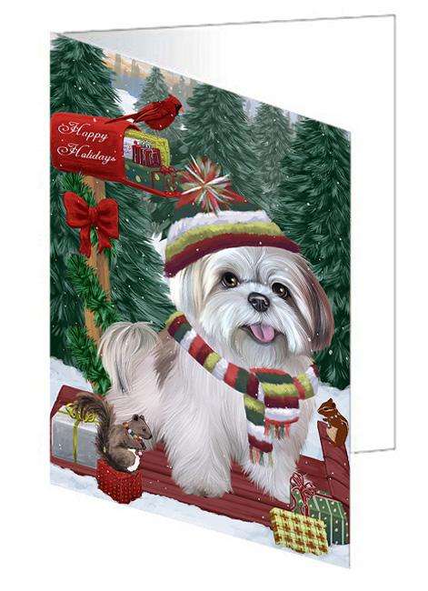 Merry Christmas Woodland Sled Lhasa Apso Dog Handmade Artwork Assorted Pets Greeting Cards and Note Cards with Envelopes for All Occasions and Holiday Seasons GCD69404