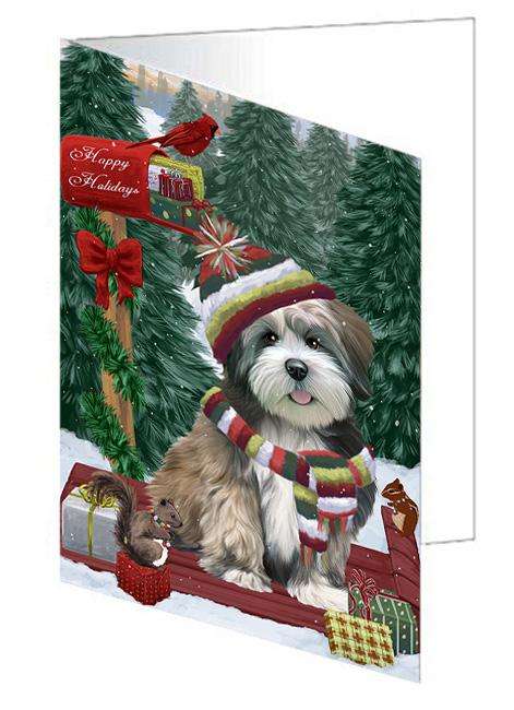 Merry Christmas Woodland Sled Lhasa Apso Dog Handmade Artwork Assorted Pets Greeting Cards and Note Cards with Envelopes for All Occasions and Holiday Seasons GCD69407