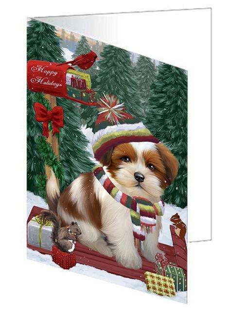 Merry Christmas Woodland Sled Lhasa Apso Dog Handmade Artwork Assorted Pets Greeting Cards and Note Cards with Envelopes for All Occasions and Holiday Seasons GCD69410