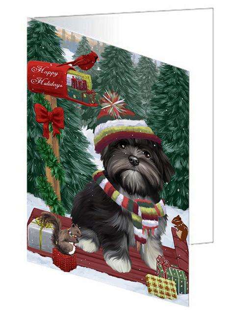 Merry Christmas Woodland Sled Lhasa Apso Dog Handmade Artwork Assorted Pets Greeting Cards and Note Cards with Envelopes for All Occasions and Holiday Seasons GCD69413