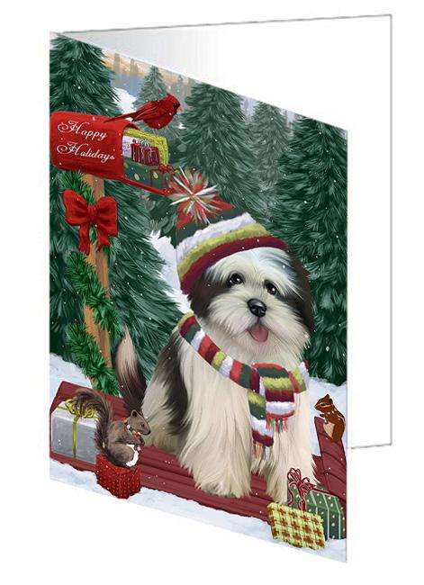 Merry Christmas Woodland Sled Lhasa Apso Dog Handmade Artwork Assorted Pets Greeting Cards and Note Cards with Envelopes for All Occasions and Holiday Seasons GCD69416