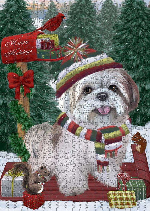 Merry Christmas Woodland Sled Lhasa Apso Dog Puzzle with Photo Tin PUZL87932