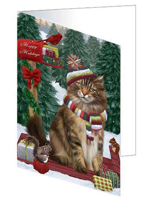Merry Christmas Woodland Sled Maine Coon Cat Handmade Artwork Assorted Pets Greeting Cards and Note Cards with Envelopes for All Occasions and Holiday Seasons GCD69419