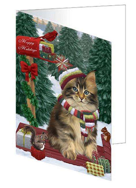 Merry Christmas Woodland Sled Maine Coon Cat Handmade Artwork Assorted Pets Greeting Cards and Note Cards with Envelopes for All Occasions and Holiday Seasons GCD69422