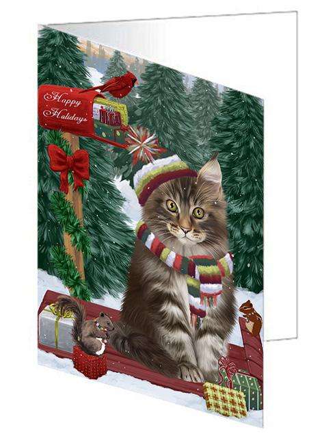 Merry Christmas Woodland Sled Maine Coon Cat Handmade Artwork Assorted Pets Greeting Cards and Note Cards with Envelopes for All Occasions and Holiday Seasons GCD69425