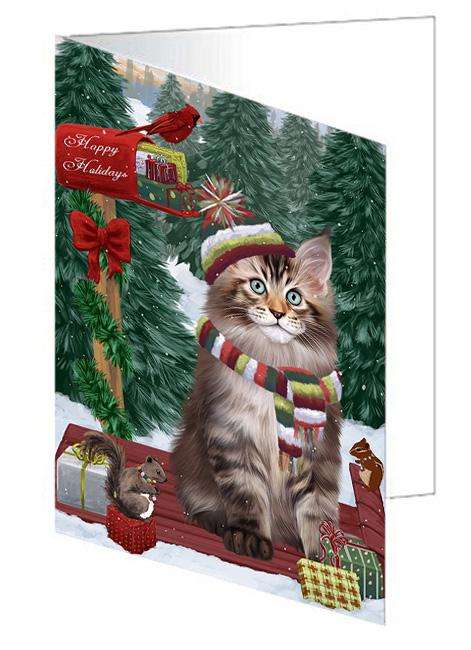 Merry Christmas Woodland Sled Maine Coon Cat Handmade Artwork Assorted Pets Greeting Cards and Note Cards with Envelopes for All Occasions and Holiday Seasons GCD69428