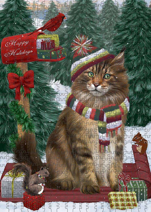 Merry Christmas Woodland Sled Maine Coon Cat Puzzle with Photo Tin PUZL87952