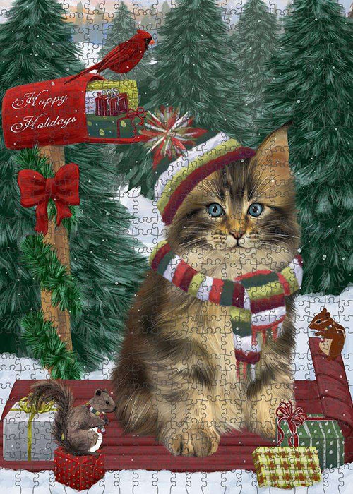 Merry Christmas Woodland Sled Maine Coon Cat Puzzle with Photo Tin PUZL87956