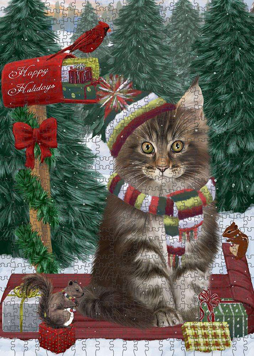 Merry Christmas Woodland Sled Maine Coon Cat Puzzle with Photo Tin PUZL87960