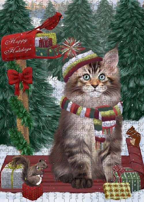Merry Christmas Woodland Sled Maine Coon Cat Puzzle with Photo Tin PUZL87964