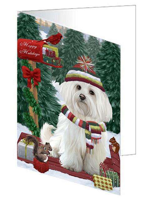 Merry Christmas Woodland Sled Maltese Dog Handmade Artwork Assorted Pets Greeting Cards and Note Cards with Envelopes for All Occasions and Holiday Seasons GCD69431