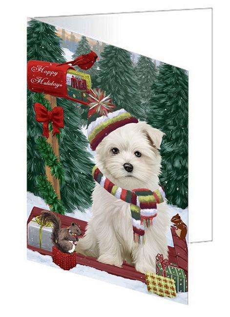 Merry Christmas Woodland Sled Maltese Dog Handmade Artwork Assorted Pets Greeting Cards and Note Cards with Envelopes for All Occasions and Holiday Seasons GCD69434