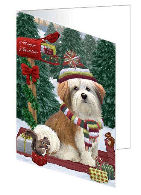 Merry Christmas Woodland Sled Malti Tzu Dog Handmade Artwork Assorted Pets Greeting Cards and Note Cards with Envelopes for All Occasions and Holiday Seasons GCD69437
