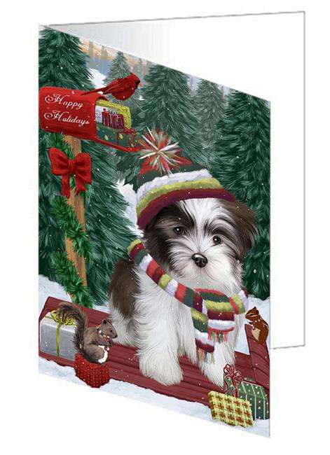 Merry Christmas Woodland Sled Malti Tzu Dog Handmade Artwork Assorted Pets Greeting Cards and Note Cards with Envelopes for All Occasions and Holiday Seasons GCD69440
