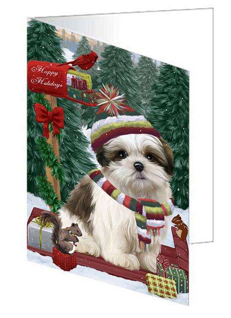 Merry Christmas Woodland Sled Malti Tzu Dog Handmade Artwork Assorted Pets Greeting Cards and Note Cards with Envelopes for All Occasions and Holiday Seasons GCD69443