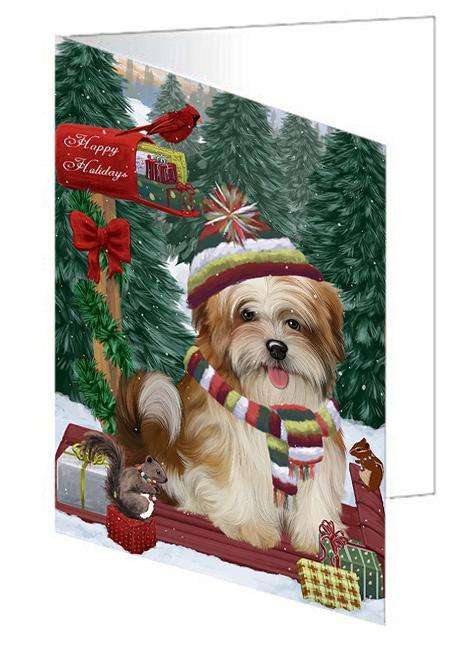 Merry Christmas Woodland Sled Malti Tzu Dog Handmade Artwork Assorted Pets Greeting Cards and Note Cards with Envelopes for All Occasions and Holiday Seasons GCD69446