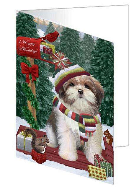 Merry Christmas Woodland Sled Malti Tzu Dog Handmade Artwork Assorted Pets Greeting Cards and Note Cards with Envelopes for All Occasions and Holiday Seasons GCD69449