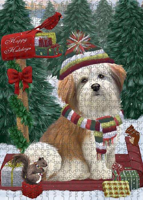 Merry Christmas Woodland Sled Malti Tzu Dog Puzzle with Photo Tin PUZL87976