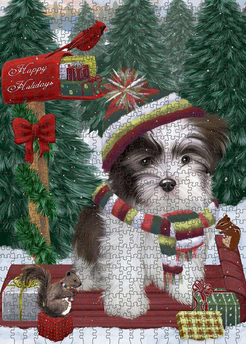 Merry Christmas Woodland Sled Malti Tzu Dog Puzzle with Photo Tin PUZL87980