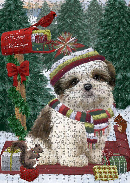 Merry Christmas Woodland Sled Malti Tzu Dog Puzzle with Photo Tin PUZL87984