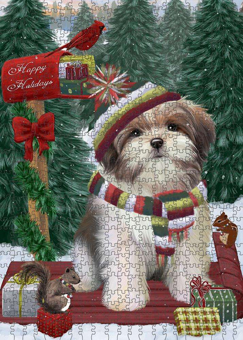Merry Christmas Woodland Sled Malti Tzu Dog Puzzle with Photo Tin PUZL87992