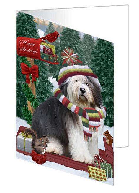 Merry Christmas Woodland Sled Old English Sheepdog Handmade Artwork Assorted Pets Greeting Cards and Note Cards with Envelopes for All Occasions and Holiday Seasons GCD69452