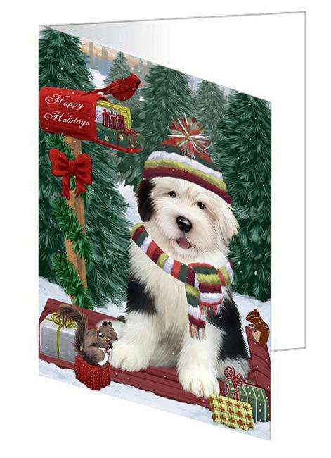 Merry Christmas Woodland Sled Old English Sheepdog Handmade Artwork Assorted Pets Greeting Cards and Note Cards with Envelopes for All Occasions and Holiday Seasons GCD69455