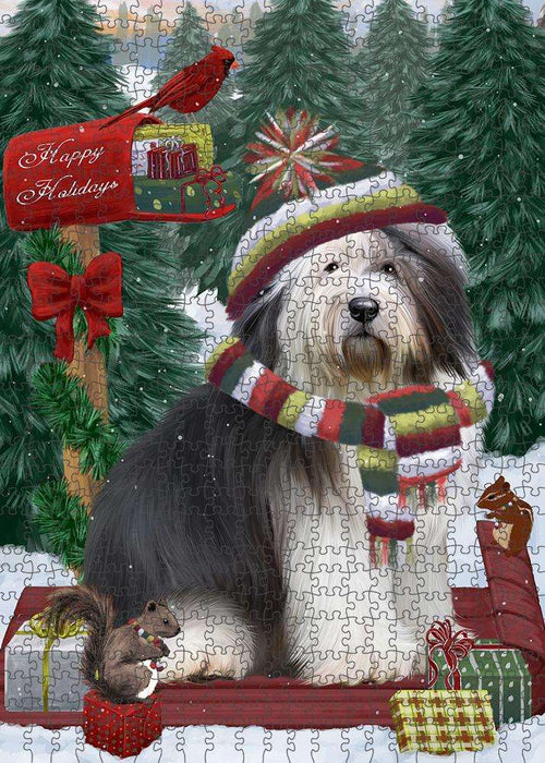 Merry Christmas Woodland Sled Old English Sheepdog Puzzle with Photo Tin PUZL87996